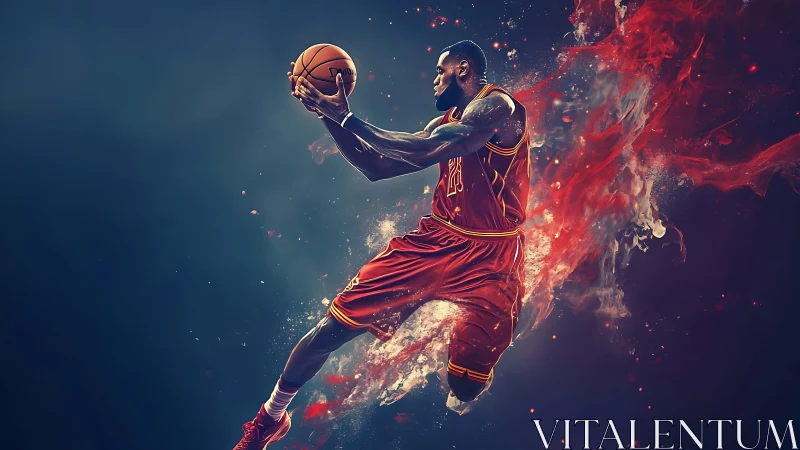 Digital painting of dynamic basketball drive with energy trails.