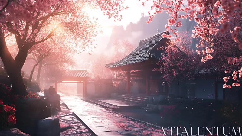 Digital painting of sakura temple courtyard in soft dawn light.