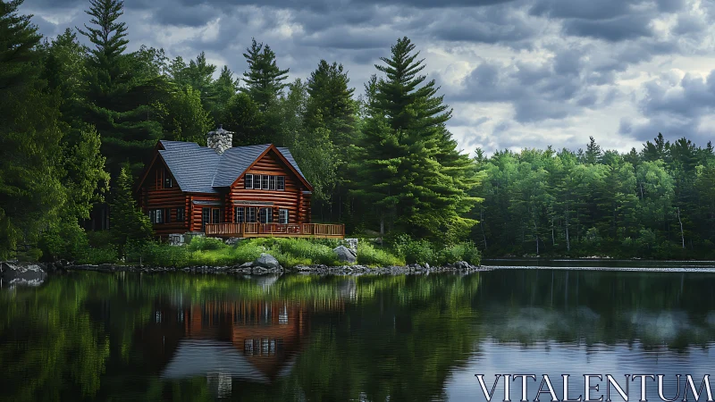 Lakeside log cabin in dense conifer forest under clouds.