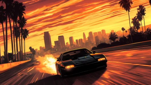 Retro sports car racing toward city at neon orange sunset.