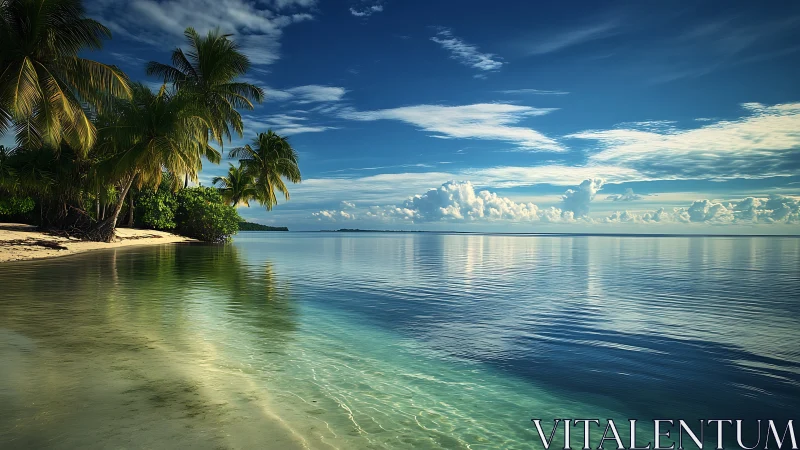 Tropical Shoreline with Palm Trees and Calm Waters.