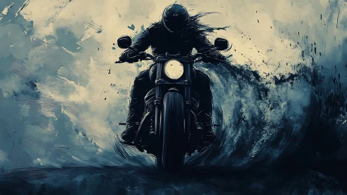 Motorcyclist emerging through abstract blue storm waves.