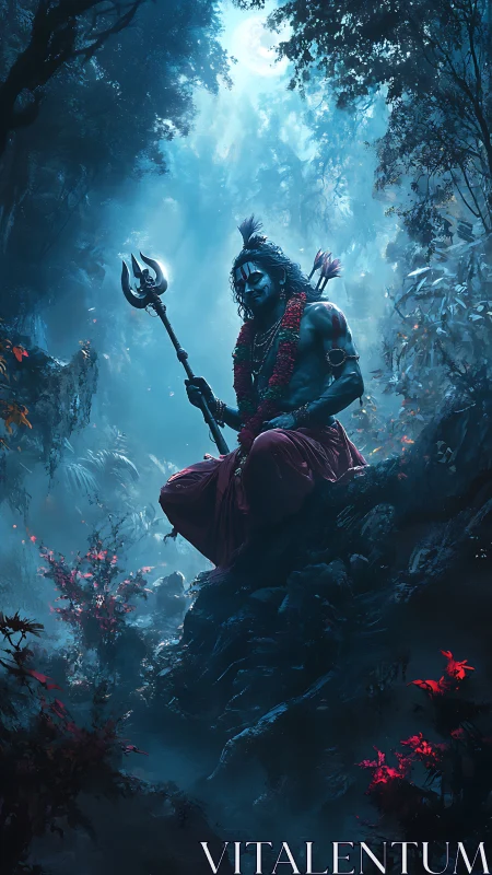 Deity figure with trident seated on rock in misty forest scene.