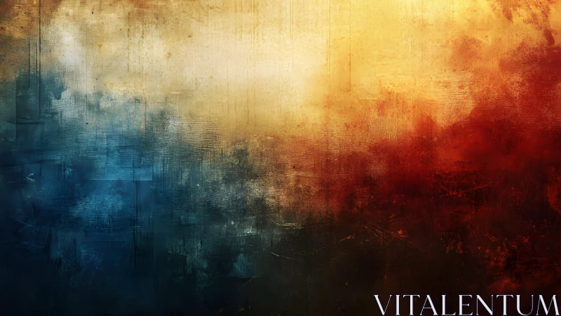 Abstract textured painting with bold blue, gold, and red hues.