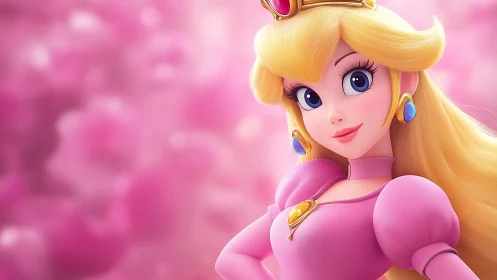 Graceful blonde princess smiles warmly in a dreamy pink glow