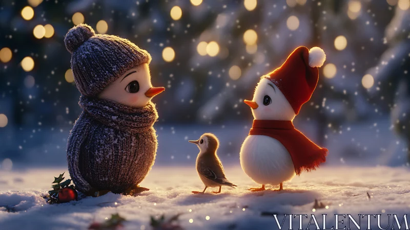 Stylized winter birds converse in softly lit snowy landscape