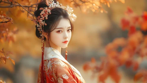 Elegant hanfu woman amid autumn foliage in warm light.