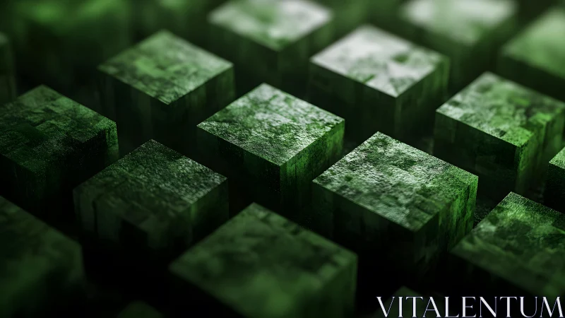 Green volumetric cubes with rough procedural texture in shallow focus