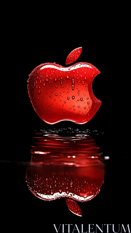 Photorealistic red apple emblem with reflective water surface.