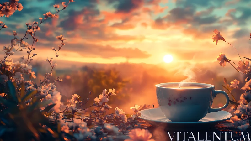 Steaming porcelain teacup anchors a floral sunrise panorama