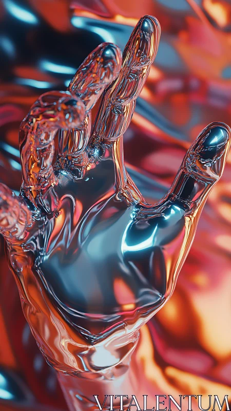Chromed liquid hand sculpture in vibrant bokeh lighting field