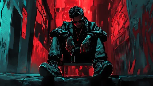 Brooding man with gun in neon lit urban alley at night.