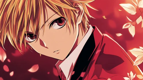 Blond anime boy under falling leaves in warm red light.