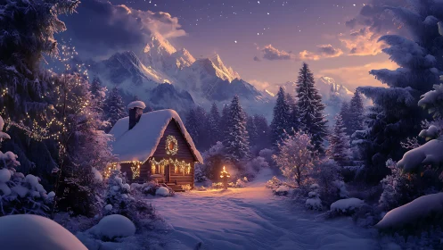 Snow-covered alpine cabin with festive winter illumination at dusk