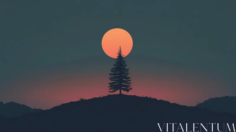 Quiet hilltop pine framed by a tender rising moon.