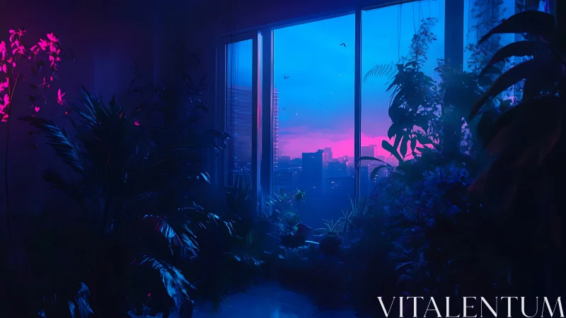 Indoor jungle against neon city sunset through windows.