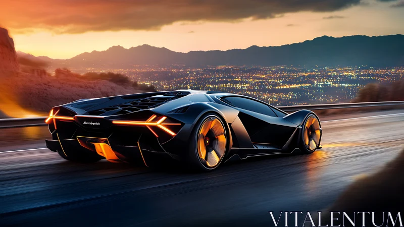 Midnight hypercar racing above luminous valley cityscape.