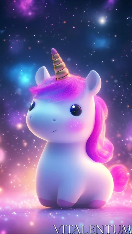 Cute 3D unicorn in glowing pastel cosmic fantasy scene.