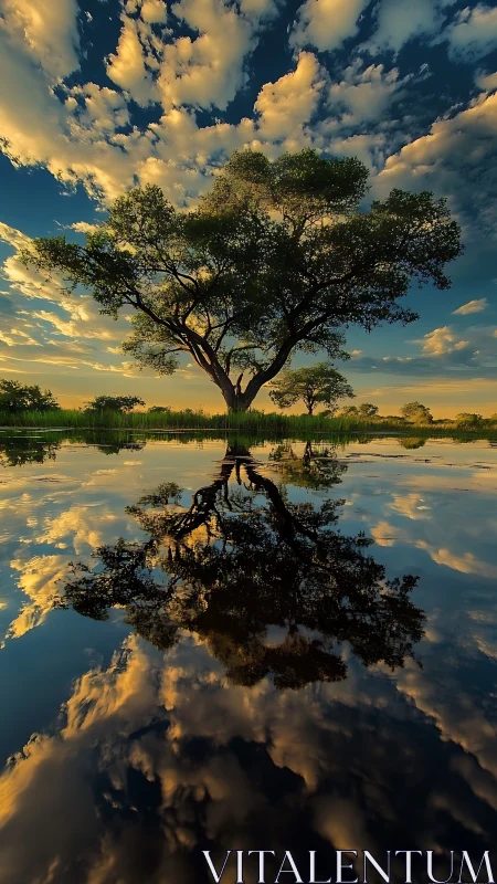 Photorealistic mirrored tree landscape with reflective symmetry.