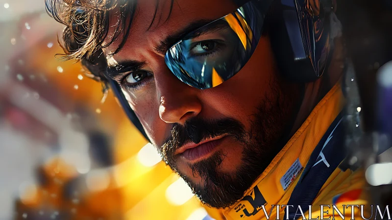 Photorealistic racing portrait with reflective visor focus.