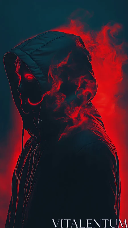 Hooded silhouette with red spectral glow and smoke halo.