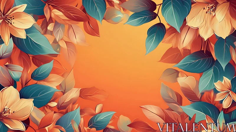 Gradient orange floral border with teal foliage digital illustration