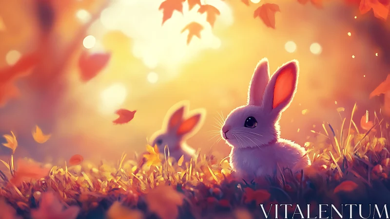 Soft autumn light surrounding dreamy rabbits at dusk.