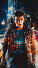 Young man with backpack in neon urban night environment.