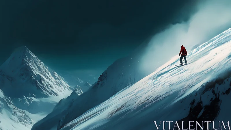 Solitary red skier tracing silence on a moody alpine wall.