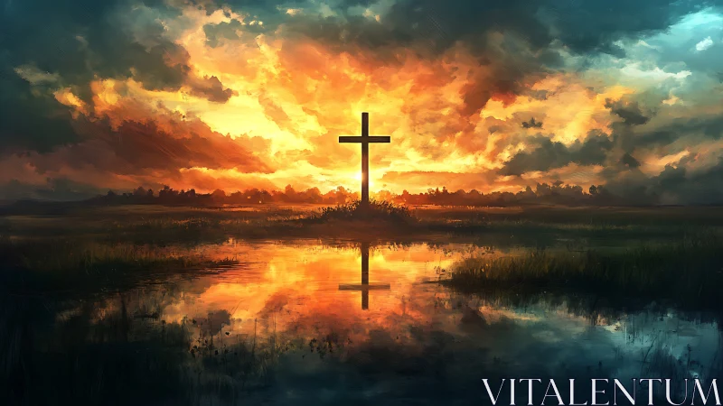 Lone cross ignites a storm-lit sky above mirrored waters.
