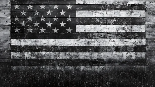 Weathered monochrome American flag covers rustic timber wall