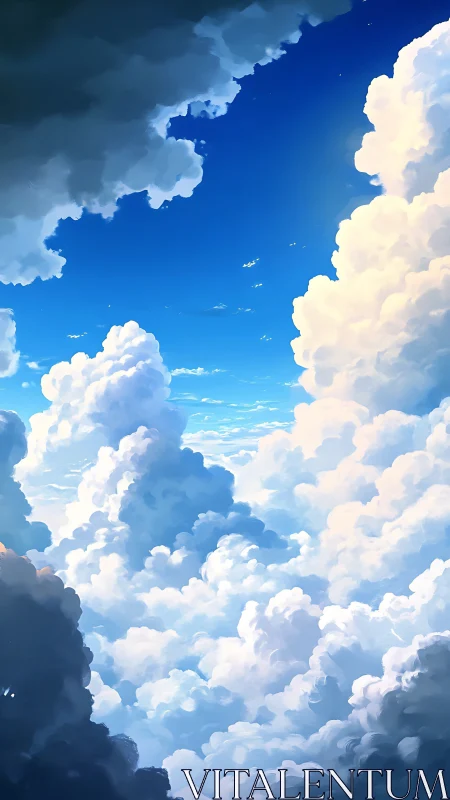 Vast digital skyscape with towering sunlit clouds.