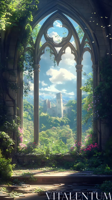 Gothic arch ruins framing sunlit castle in lush valley.