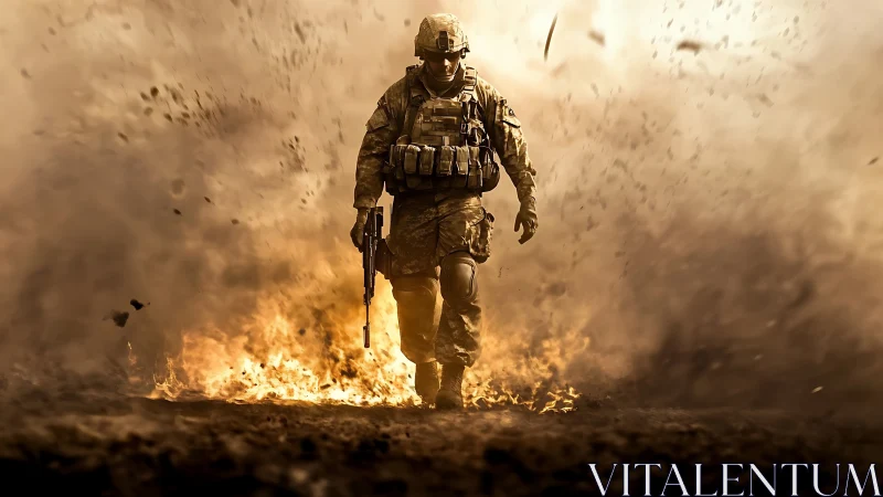 Soldier in combat gear advancing through explosion clouds.