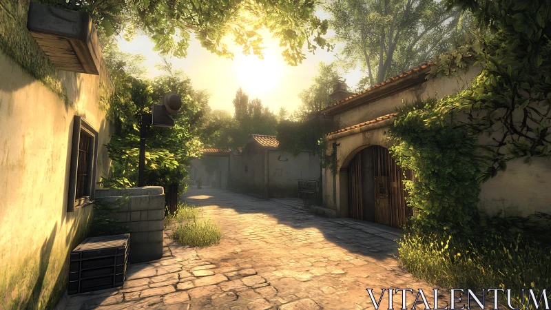 Sunlit stone lane winding through a quiet green village.