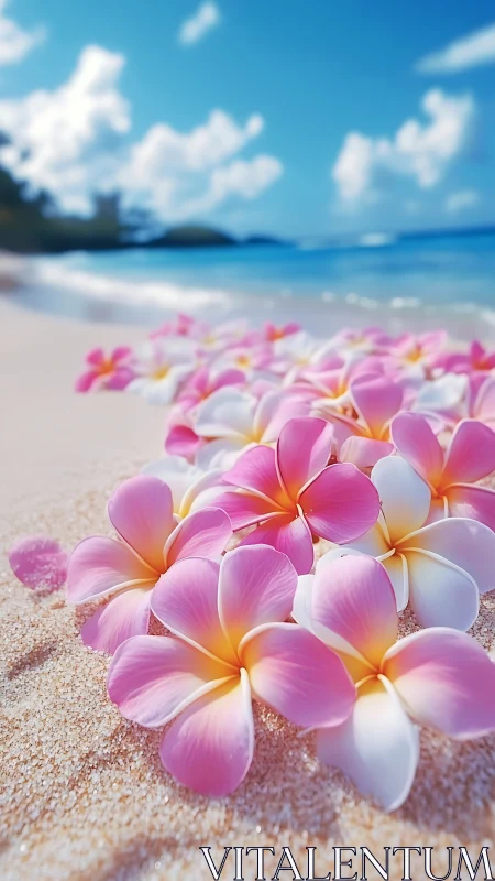Pink plumeria flowers scattered across white sand beach
