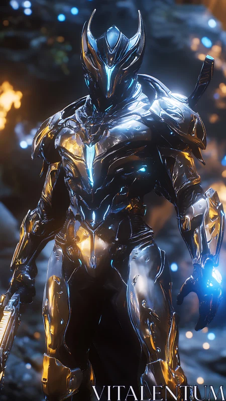 Chrome-clad cyber paladin blazing through molten starlight.