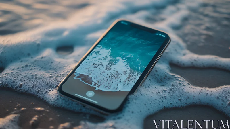 Smartphone lying in shallow sea foam on wet sandy beach.