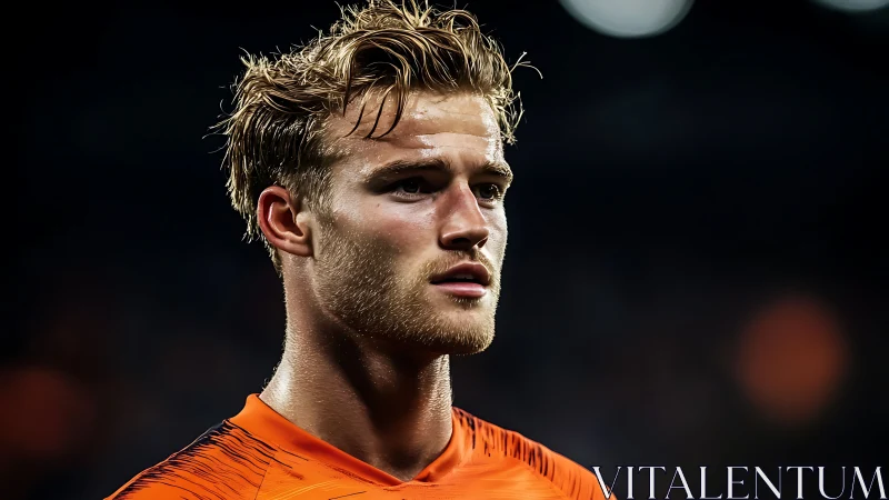 Male footballer portrait in stadium under dramatic lighting
