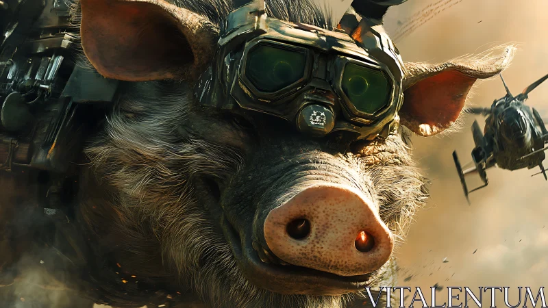 Cyborg warthog portrait with armored headset and drones.