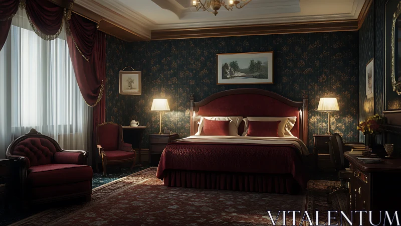 Velvet-wrapped vintage hotel bedroom glowing softly at dusk.