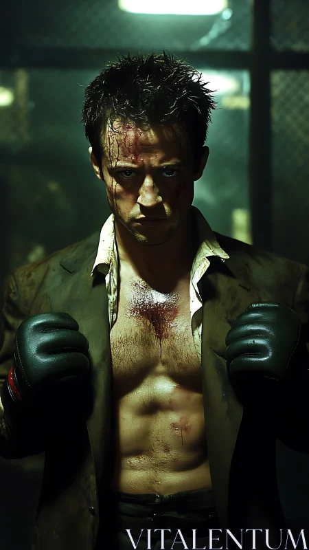 Bloodied boxer in dimly lit ring environment.