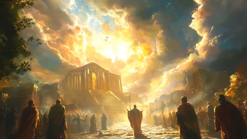 Sunstruck Temple of Ascension amid gathering pilgrims.