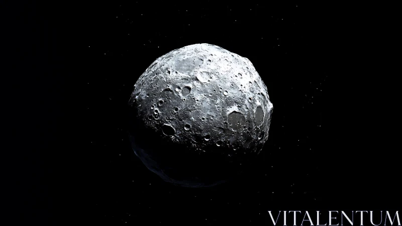 Lonely cratered moon drifts softly through the deep black sky