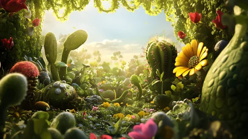 Sunlit fantastical garden with stylized flora and lush foliage