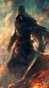 Hooded swordsman stands amid swirling fire and smoke