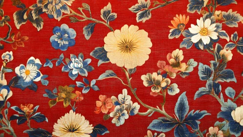 Bold floral tapestry blooms across rich red textile ground