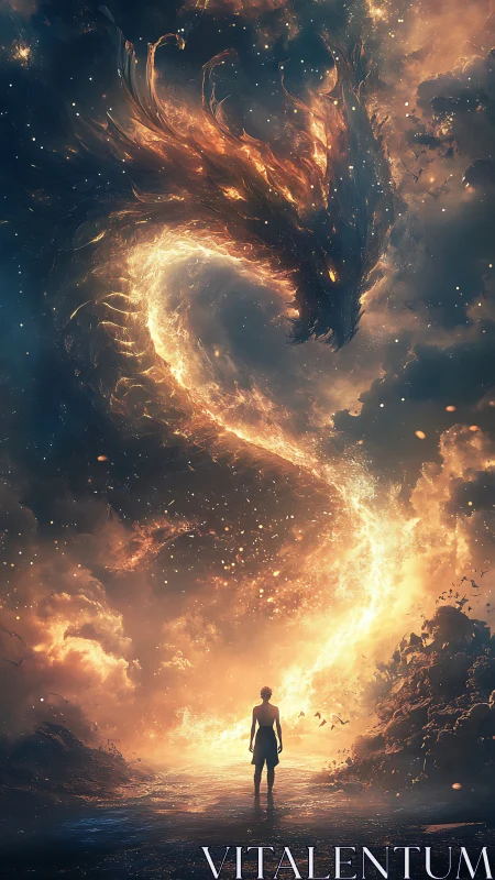 Luminous cosmic fire dragon confronting lone human wanderer