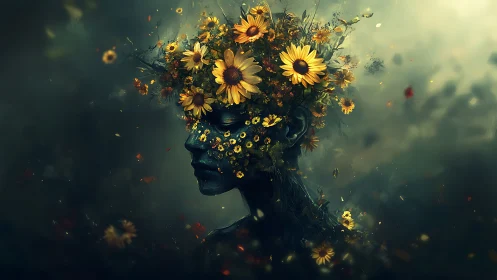 Human profile silhouette with dense yellow floral headpiece.