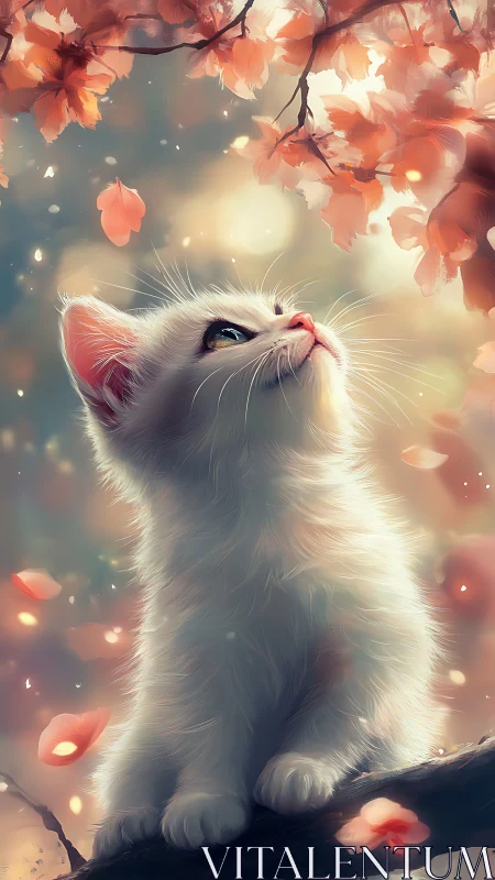 Soft spring kitten gazes up through drifting peach blossoms